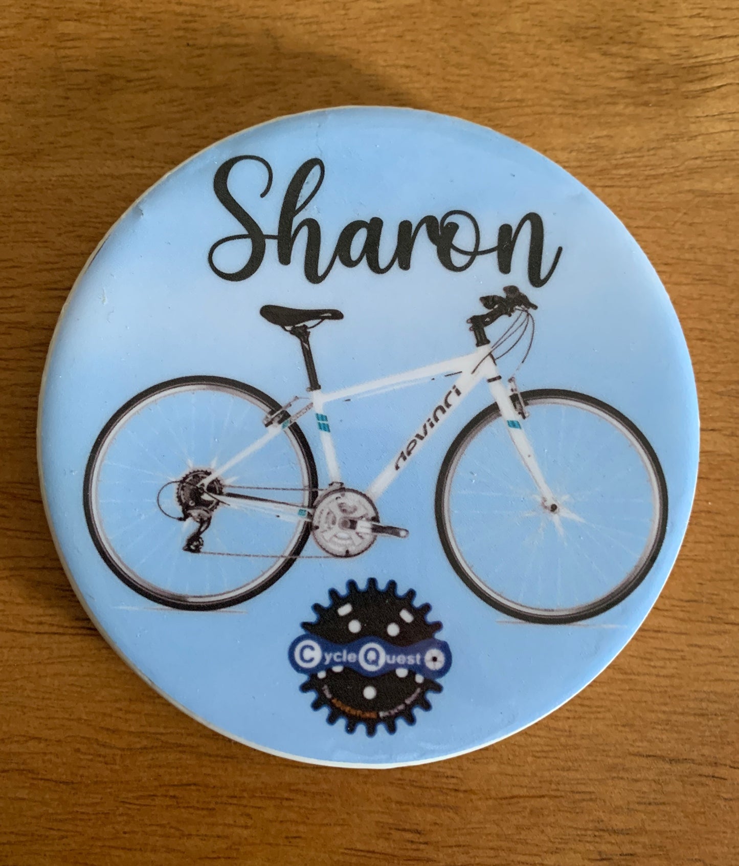 This is Sharon's exact bike with her store logo below.  