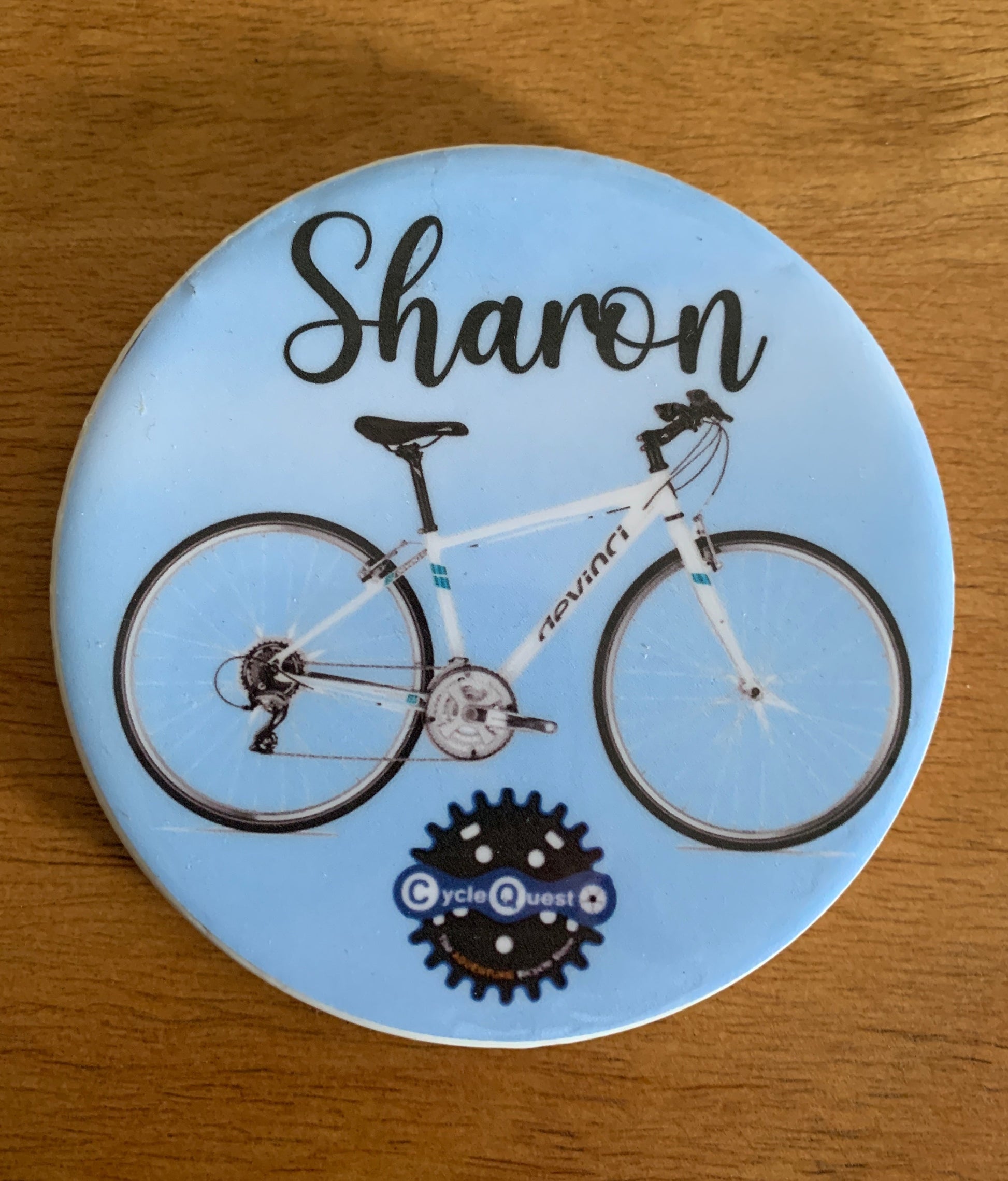 This is Sharon's exact bike with her store logo below.